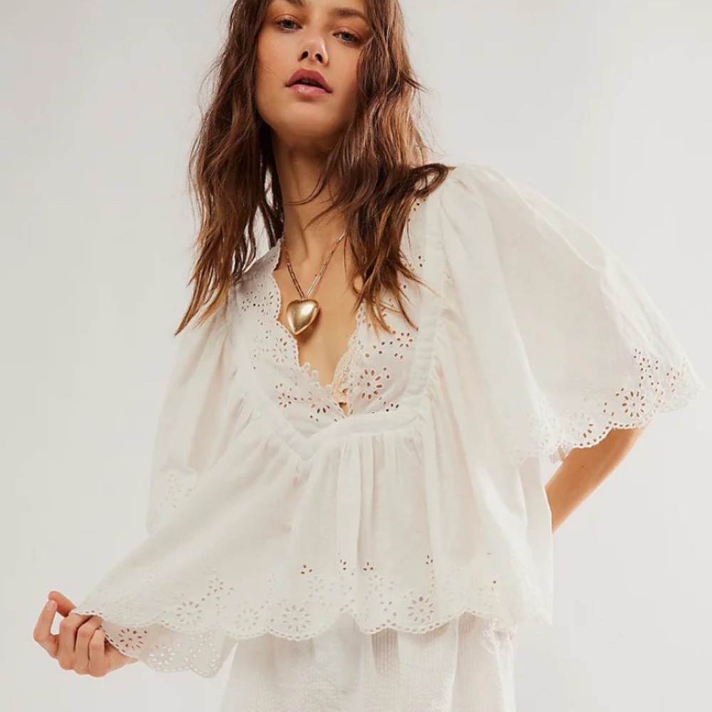FREE PEOPLE COSTA EYELET TOP - BRIGHT WHITE - Size L